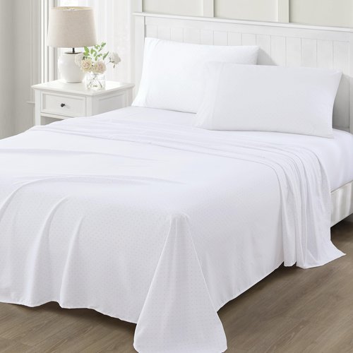 Martha Stewart Ultra Soft Brushed and Washed Microfiber 4 Piece Sheet Set, Easy Care, Comfy Sheets with Deep Pocket, 1 Flat Sheet, 1 Fitted Sheet, 2 Std. Pillowcase, Full Size, White & Blush Pink
