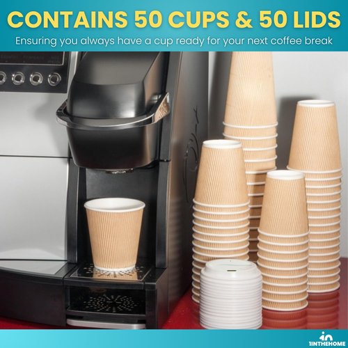 1InTheHome Disposable Coffee Cups with Lids, Paper Cups 10 oz, Insulated Ripple Wall, 50 Pack