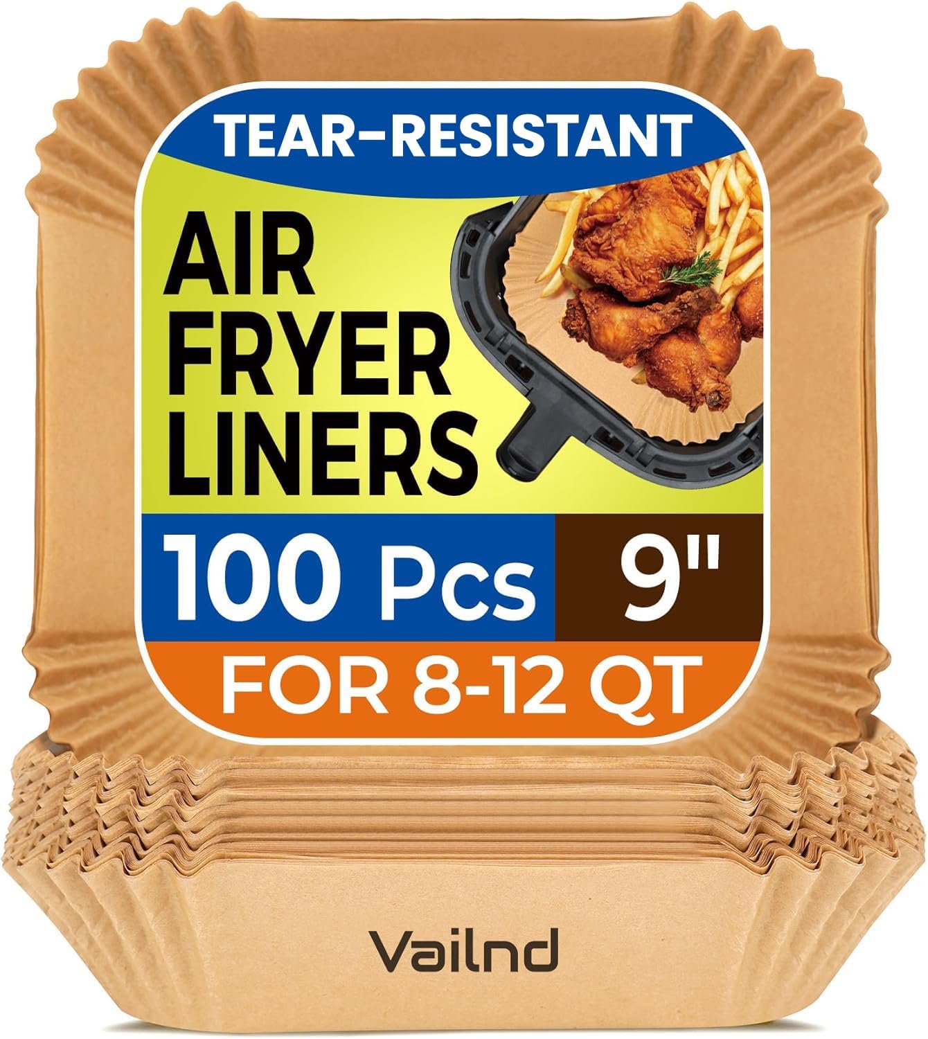 Vailnd Air Fryer Liners - 100 Pcs Disposable Oil-Proof Parchment Sheets for 8-12 QT Air Fryers