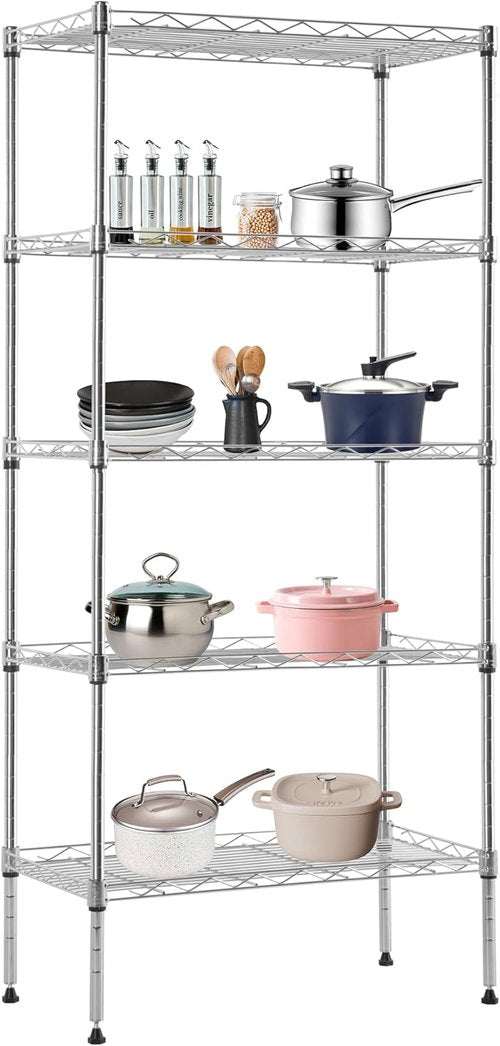 BestOffice 5-Tier Wire Storage Shelves - Heavy-Duty Metal, Chrome Finish | Adjustable Racks | 22x12x48 | Holds Up to 750 lbs | Easy No-Tool Assembly for Home & Garage