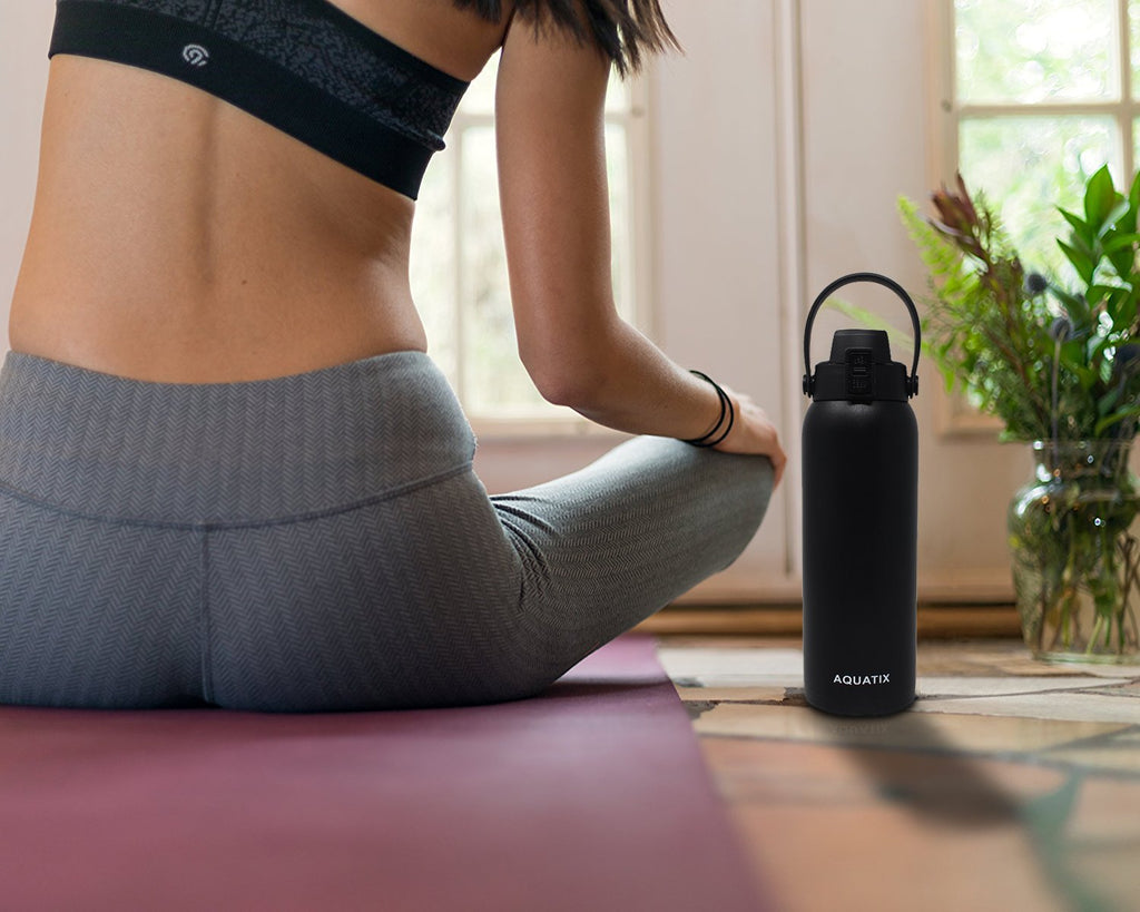 New Aquatix (Black, 32 Ounce) Pure Stainless Steel Double Wall Vacuum Insulated Sports Water Bottle Convenient Flip Top Cap with Removable Strap Handle - Keeps Drinks Cold 24 hr/Hot 6 hr