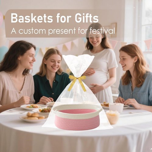 JMvicyroam Woven Basket - Small Rope Storage Bin with Handles for Organizing Shelves | White & Pink - 3 Pack