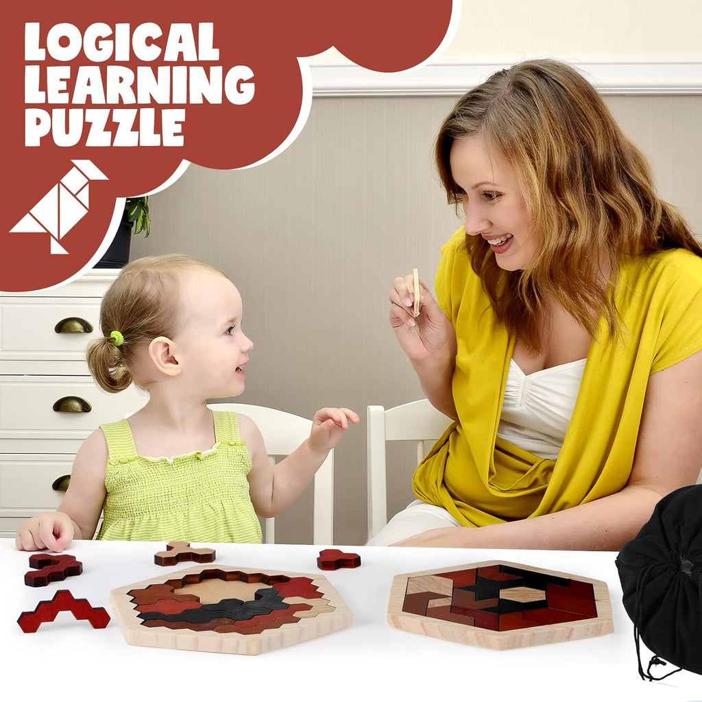Yunsailing Large Hexagon Tangram Puzzle Set - 3 Pack Wooden Brain Teasers for Adults | Vintage Design