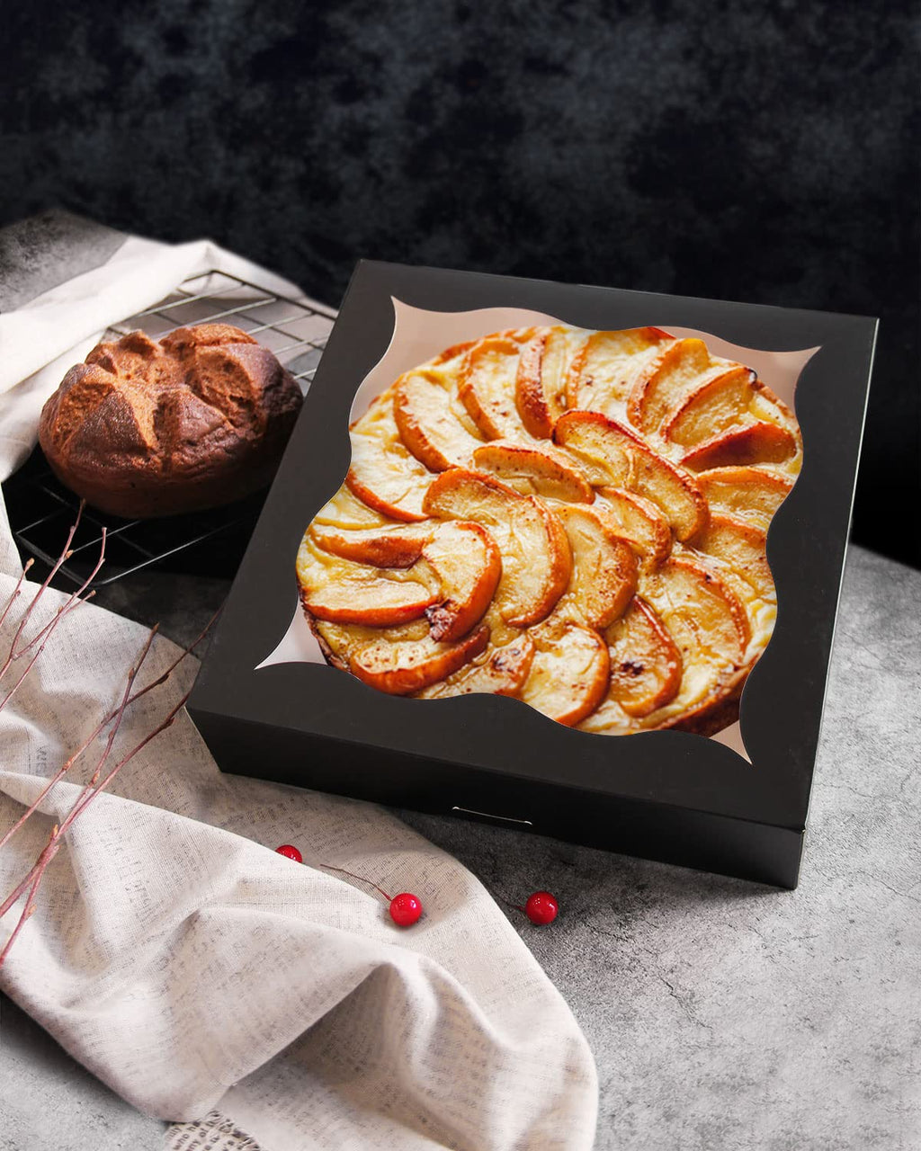 qiqee Auto-pop Up Black Pie Boxes with Window 24Packs 12x12x3 Inch Cookie Donut Bakery Box