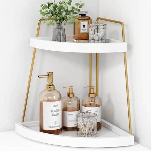 Forbena Corner Bathroom Organizer - 2-Tier Countertop Storage for Makeup & Skincare | White & Gold