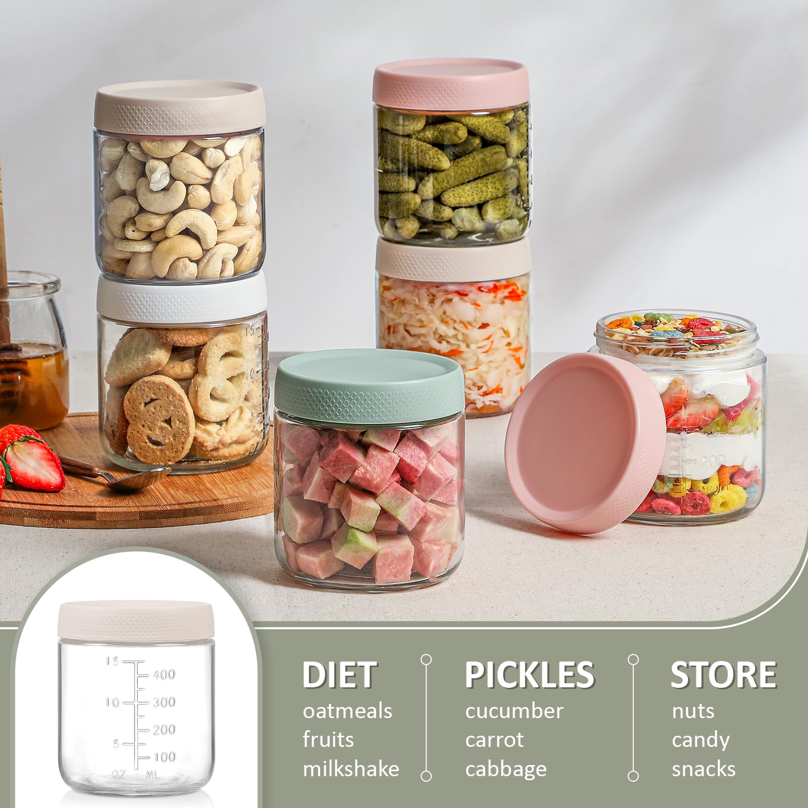 POIKSHARK 4-Pack Overnight Oats Containers with Lids,16 OZ Wide Mouth Glass Jars with Airtight Lids, Mason Jars Glass Food Containers for Snack Spice Sugar Food Prep Yogurt