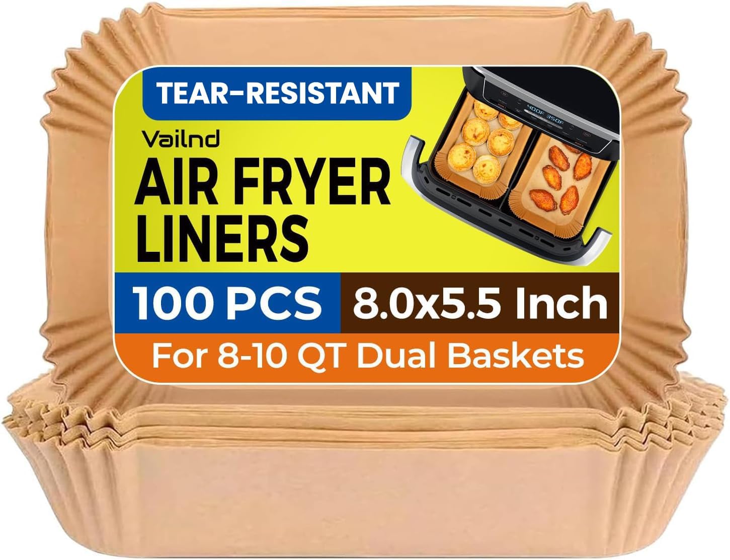 Vailnd Air Fryer Liners - Disposable 100 Pcs 8x5.5 Inch Rectangle Parchment Paper for Ninja & Chefman