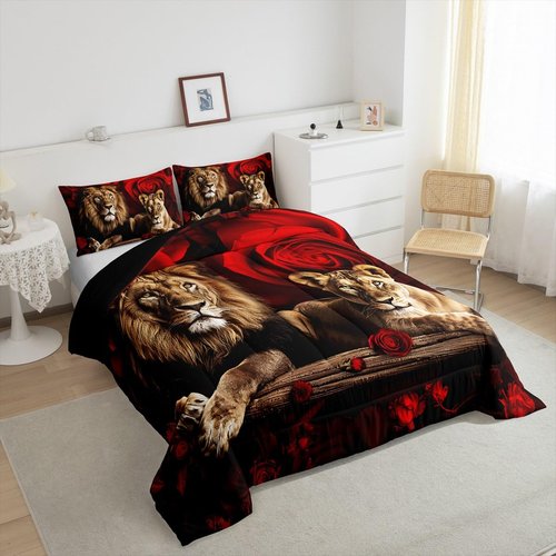 Feelyou Lion Comforter Set Queen Size Kids Red Rose Floral Comforter for Boys Girls Teens 3D Wild Animal Pattern Bedding Set Romantic Flower Duvet Set Valentine's Day Quilt