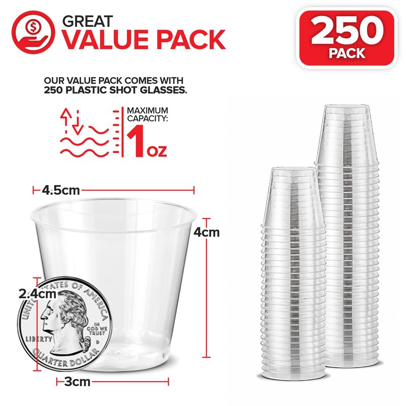Stock Your Home 250 Pack Mini Plastic Shot Glasses (1oz) Clear Disposable Cups for Jello Shots, Wine Tasting, Liquor, Whiskey, Pudding, Sample Cup for Halloween and Elegant Parties
