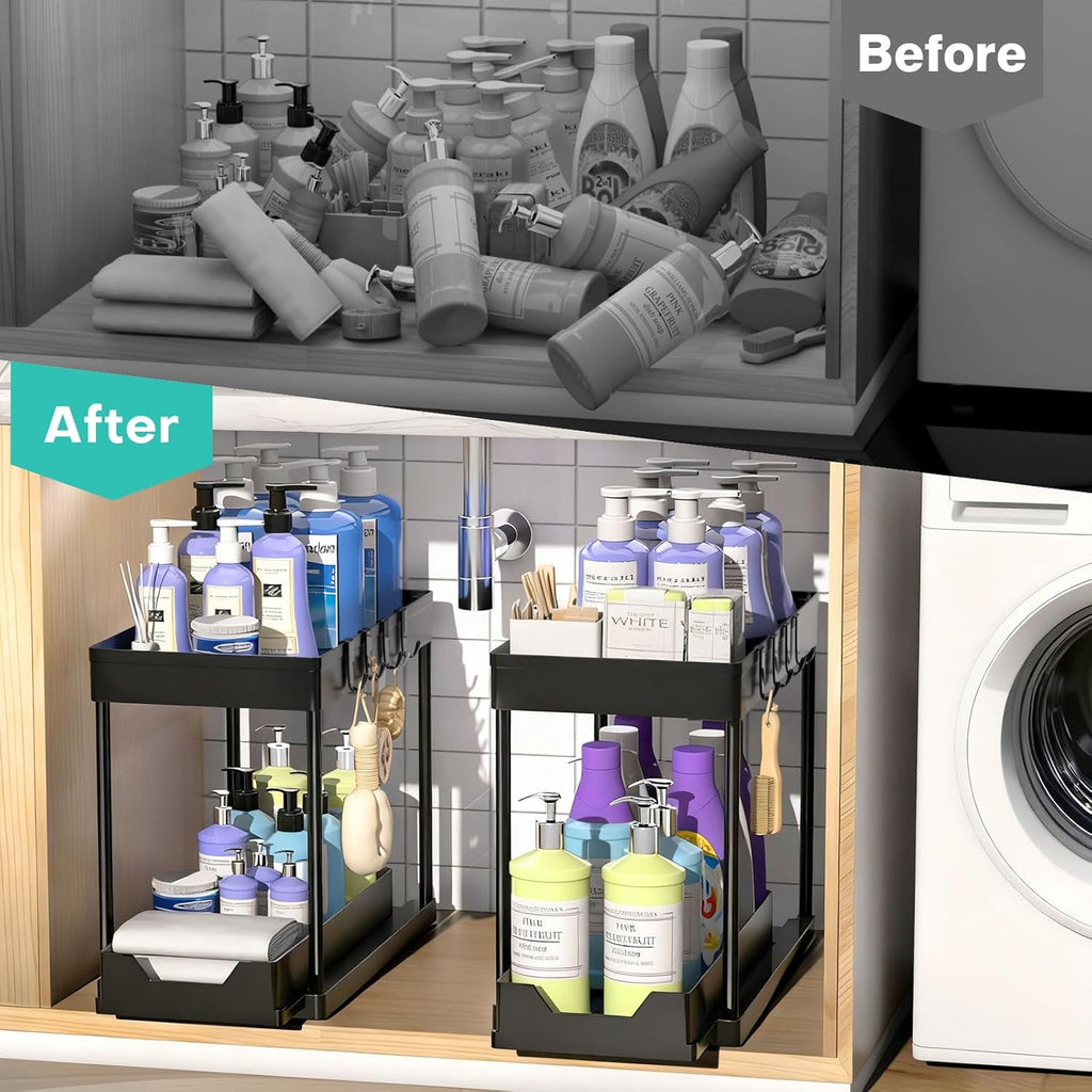Under Sink Organizers by [Brand Name] - 2-Pack Pull-Out Sliding Cabinet Organizer with 2-Tier Storage & Hooks | 13 Inch, Black