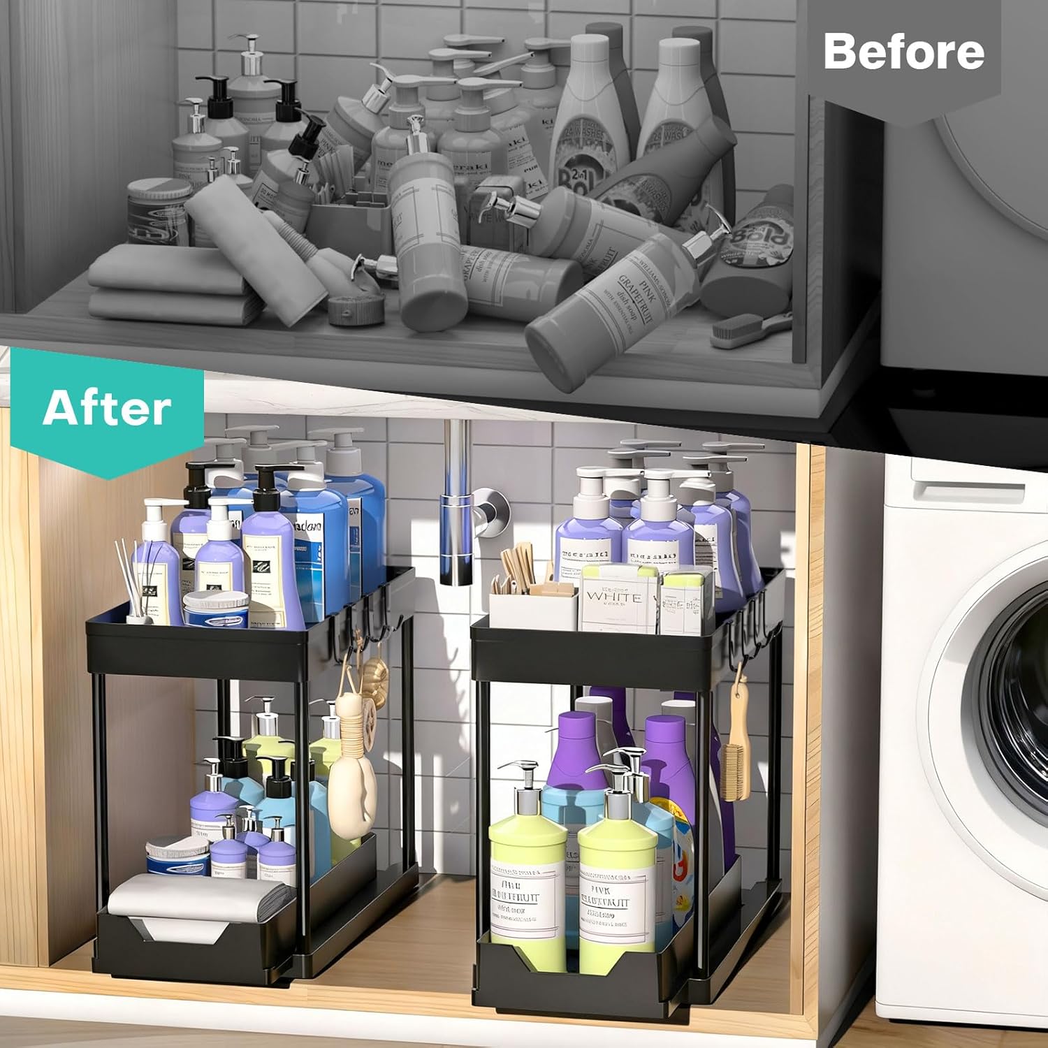 Under Sink Organizers by [Brand Name] - 2-Pack Pull-Out Sliding Cabinet Organizer with 2-Tier Storage & Hooks | 13 Inch, Black