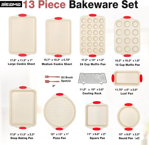BIEAMA Nonstick Baking Pans Set - 13-Piece BPA-Free Carbon Steel Bakeware in Cream Color