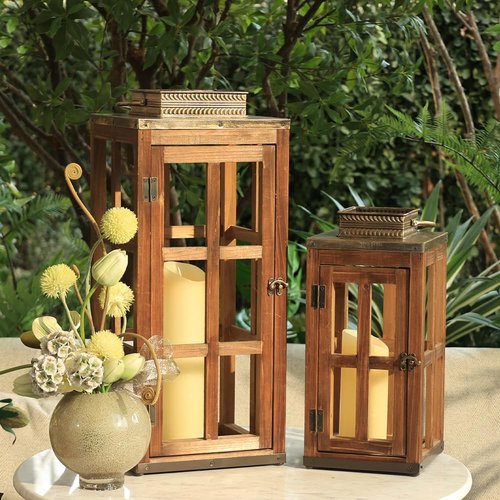 DECORKEY Rustic Wooden & Metal Lantern Set of 2 - 28''/20'' H Decorative Indoor/Outdoor Candle Holders
