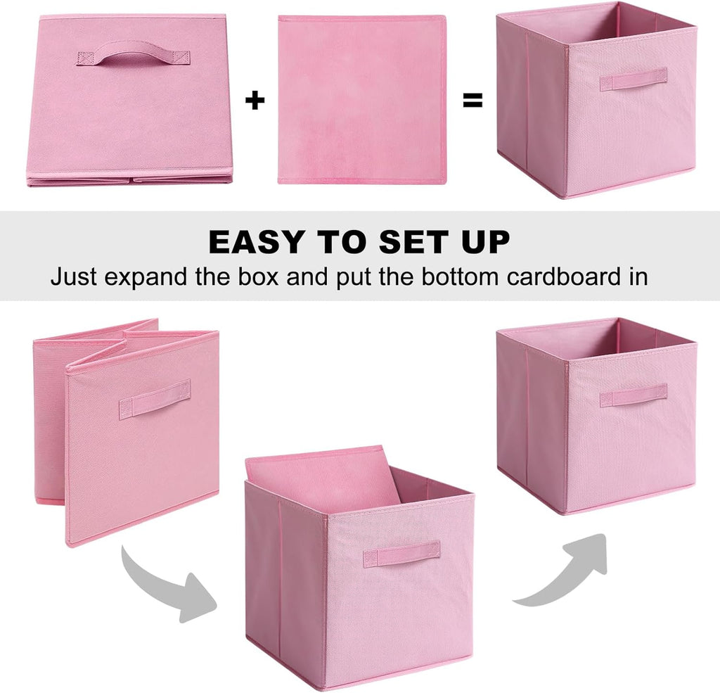 Skiennix Fabric Storage Bins - 6 Pack Collapsible Cube Organizer for Closet & Living Space | Foldable Pink Boxes with Handles (11 Inch)