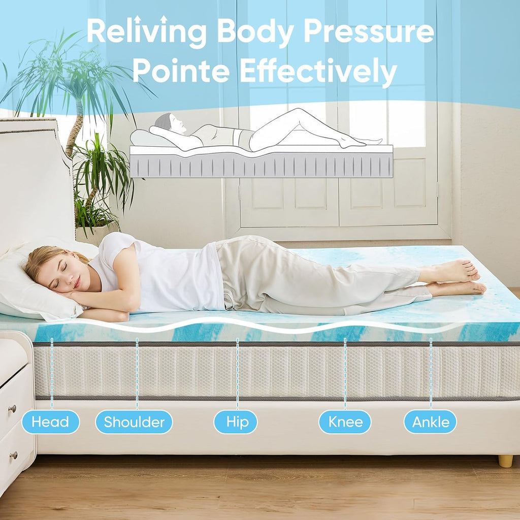 OLIXIS Gel Memory Foam Mattress Topper - 3 Inch Queen Size, Cooling & Pressure-Relieving, CertiPUR-US Certified
