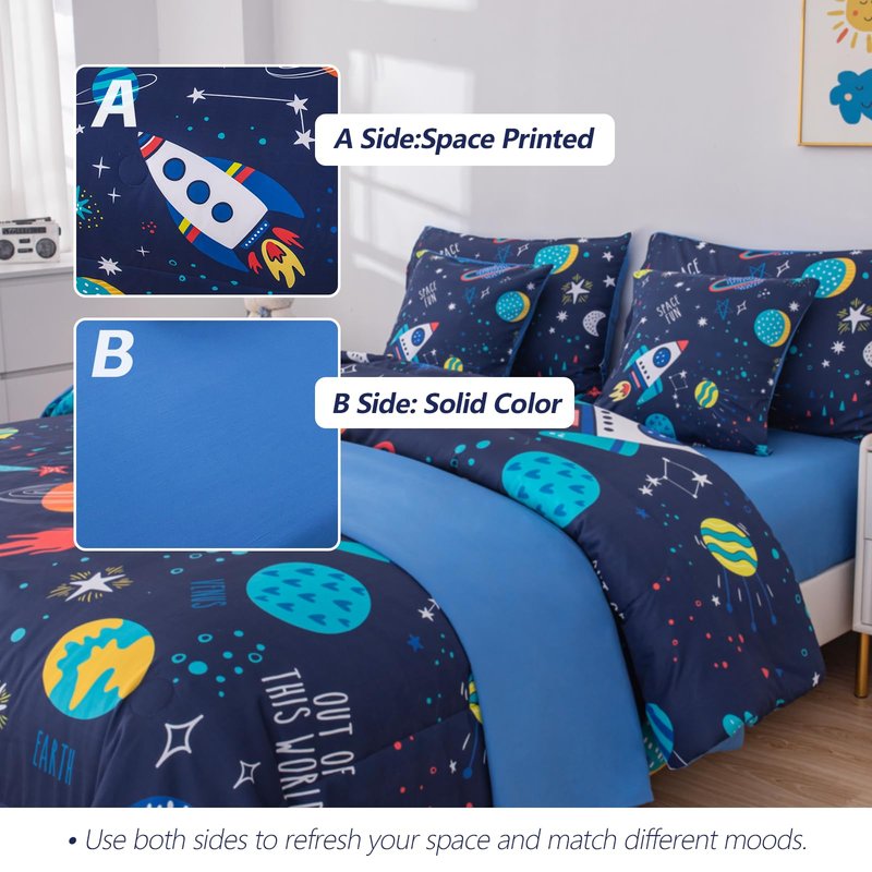 BQH Boys Twin Size Space Bedding Set - 7 Piece Rocket & Galaxy Comforter with Deep-Pocket Sheet, Whole-Piece Filling, Machine Washable Bed-in-a-Bag for Kids' Room Makeover & Gifts