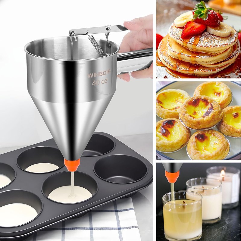 WIHBOIR Stainless Steel Pancake Batter Dispenser with Squeeze Handle and Multi-Nozzle, for Pancakes, Cupcakes, and Baked Goods. 20 oz