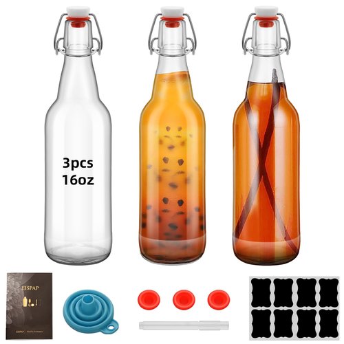 eispap 3 pcs Clear 16oz Beer Bottles with Flip Caps, 16oz Glass Bottle with Swinging Top for Airtight Lids, Home Brewing and Fermentation Kombucha, Vanilla Extract, Beverage, Water