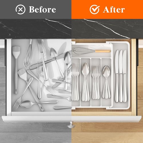 Lifewit Expandable Silverware Drawer Organizer - BPA-Free Utensil Tray for Kitchen | Adjustable Storage, 8.5-14 x 12", White