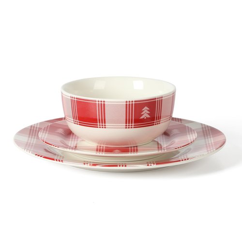 Martha Stewart Christmas Plates 12 Piece Decorated Red and White Stoneware Dinnerware Set