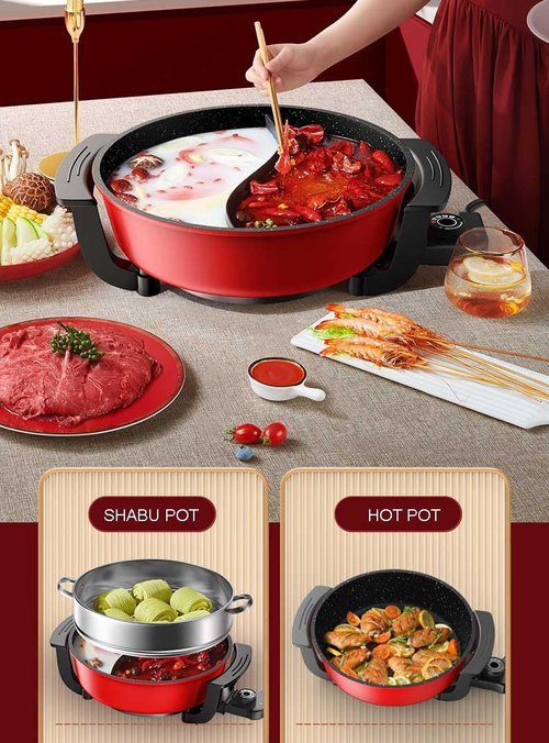 Electric Griddle Skillet Shabu Shabu Hot Pot Nonstick Cooking Frying Pan 2 Flavor Wok Fast Rapid Heat (Divided)