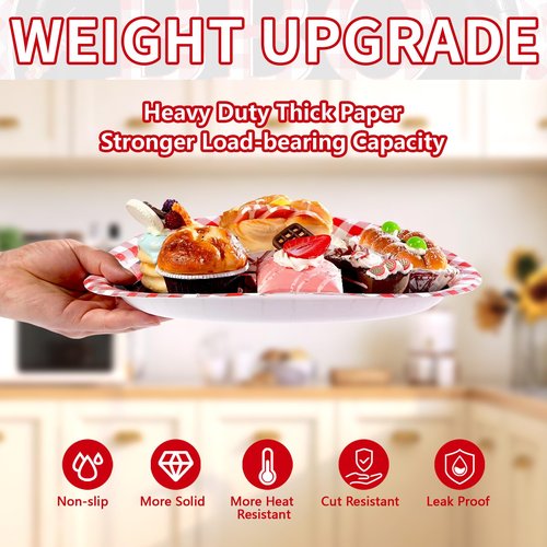 Grencian 50 Pcs BBQ Birthday Party Supplies 10" × 12" Large Red Gingham and Black BBQ Oval Paper Plates Disposable Heavy Duty BBQ Party Plates for Picnic Barbecue Baby Shower Birthday Decorations