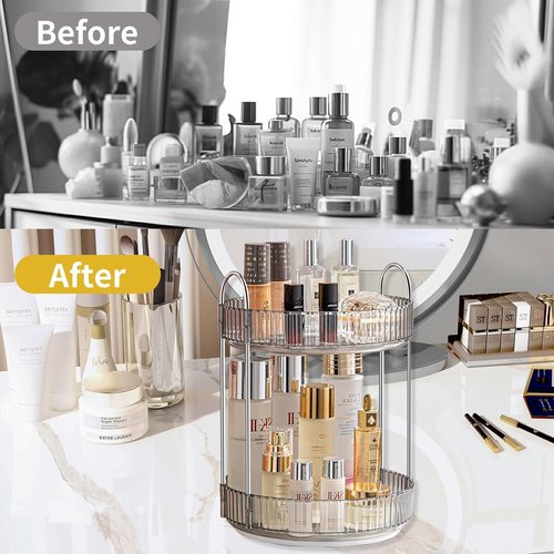 Asayuee 360° Rotating Makeup Organizer - Stylish Grey 2-Tier Vanity & Bathroom Countertop Storage