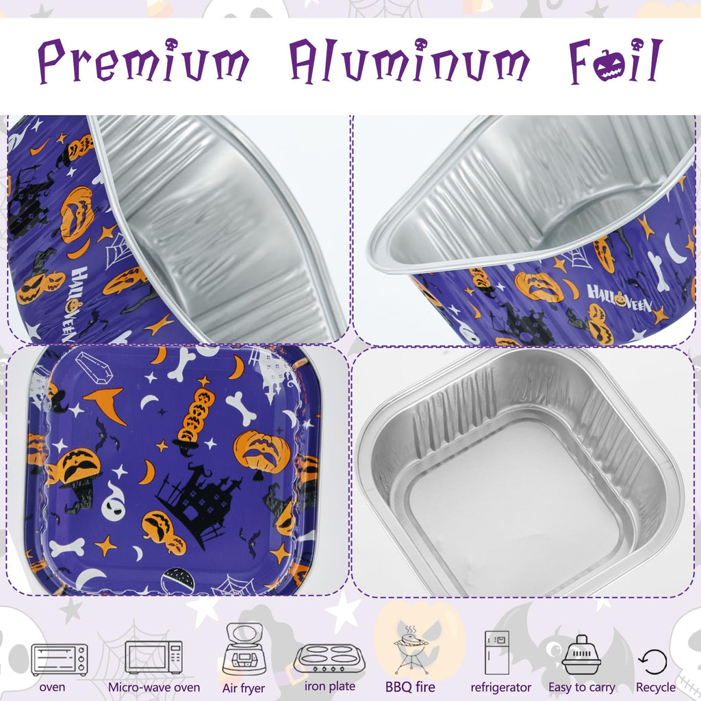 100Pcs Halloween Mini Disposable Cake Pans with Lids, Aluminum Foil Square Baking Cups Pie Tin Tart Pans Ramekins Browni Baking Cups Dessert Cups for Halloween Party,5oz