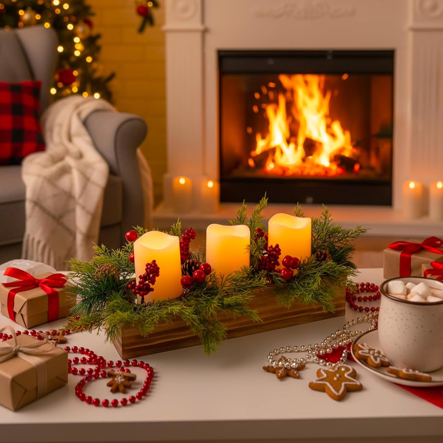 Rustic Wood Candle Holders | Christmas Table Centerpieces with 3 Flameless LED Candles & Pine Cones