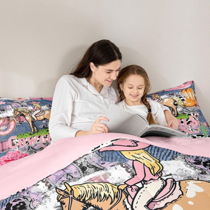 Western Cowgirls Bedding Set Twin Size,Kids Pink Leopard Checkered Comforter Set for Girls Woman Boys Room Decor American Southwest Rustic Quilt Set Pink Graffiti Duvet Insert,1 Pillowcase