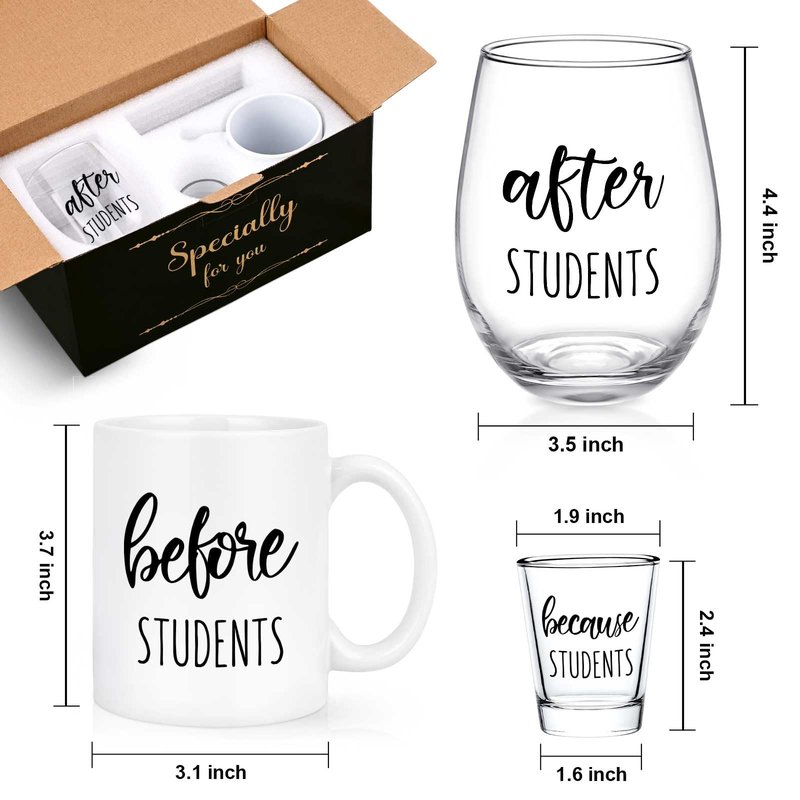 Futtumy Before Students After Students Gift Set 11oz Coffee Mug 17oz Stemless Wine Glass 2oz Shot Glass Set for Teacher Principal Professor, Teacher Appreciation Gifts End of Year Gifts for Women Men