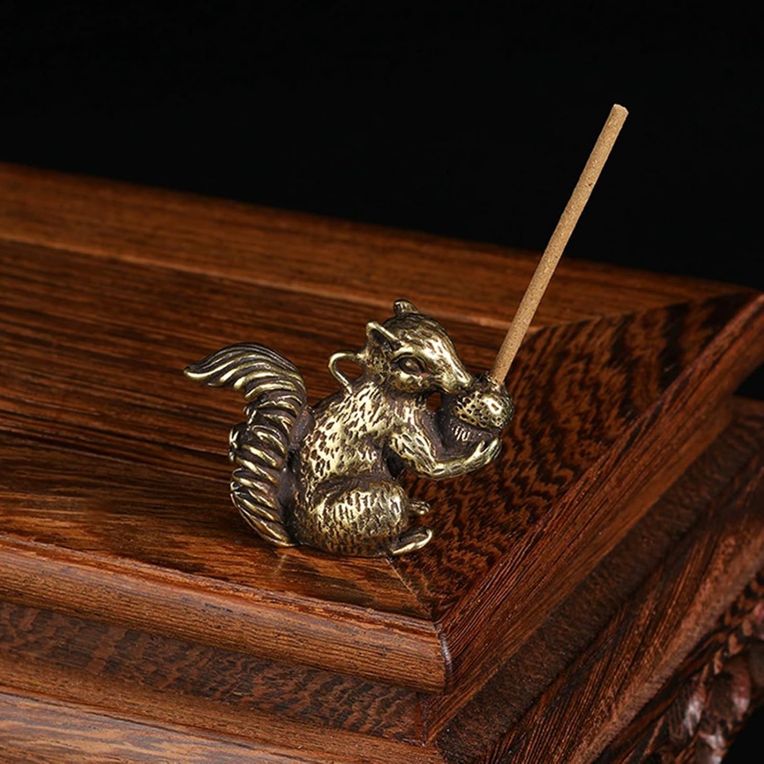 Skiennix Brass Squirrel Figurines - Antique Bronze Desk Decor | 2pcs Small Incense Holders (1.6x1.2x0.6in)