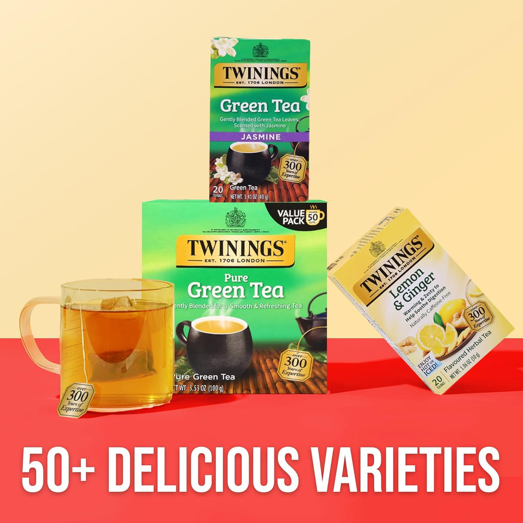 Twinings Pure Green Tea - Individually Wrapped Bags, Smooth Flavor & Enticing Aroma | 50 Count (Pack of 6)