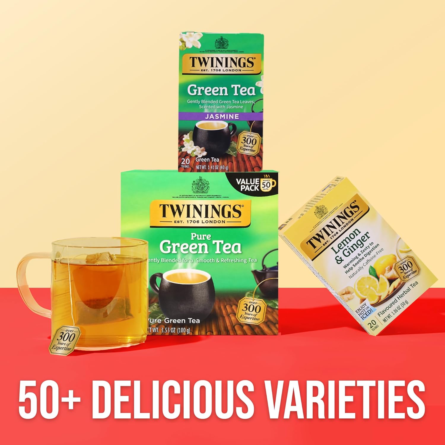 Twinings Pure Green Tea - Individually Wrapped Bags, Smooth Flavor & Enticing Aroma | 50 Count (Pack of 6)