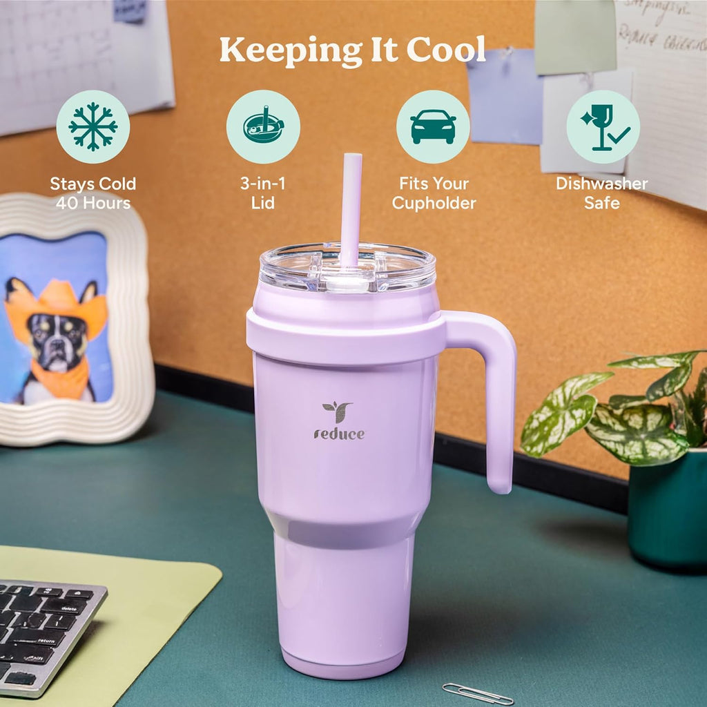 REDUCE Cold1 40 oz Tumbler - Vacuum Insulated Stainless Steel Mug with Handle & Straw | Gloss Cotton Finish