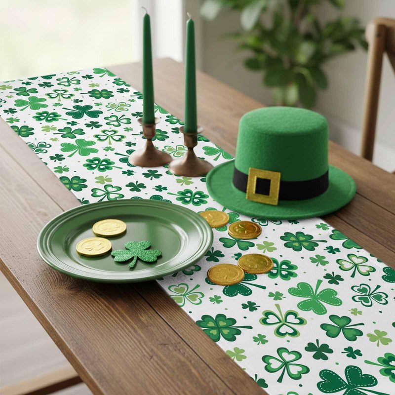 St Patrick's Day Green Shamrocks/Clover Table Runners Cotton Linen Non-Slip Rectangle Dresser Scarves for Spring Party Holiday Kitchen Dining Banquet/Family Gathering Home Decor,13" x 70" Long