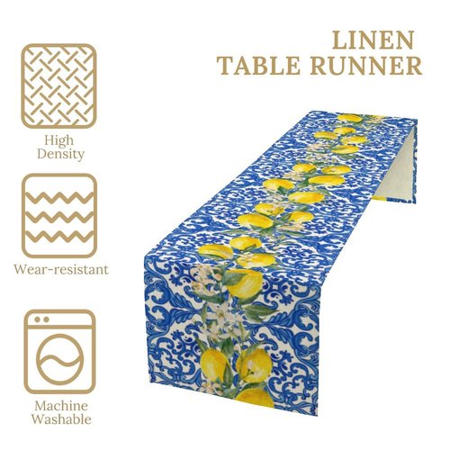 UEQIKI Blue Tiles Lemon Table Runner for Home Party Decorations Seasonal Summer Washable Kitchen Dining Table Decor for Birthday Party Coffee Table Family Dinners Holiday Wedding 13x72 Inch