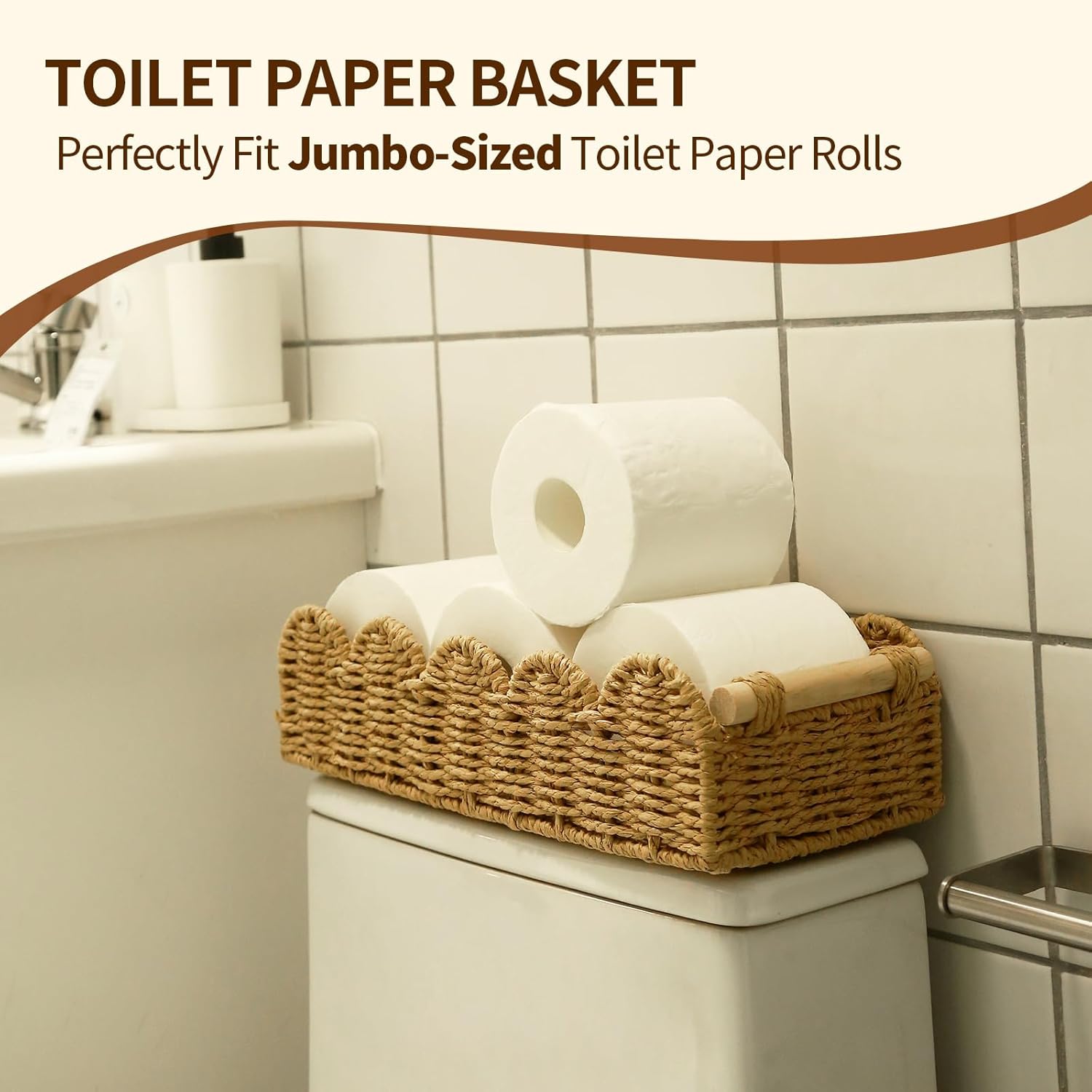 Regine Switzerland Paper Rope Storage Basket Set - Scalloped Design with Wooden Handles, Stylish Beige Organizers for Bathroom or Living Room