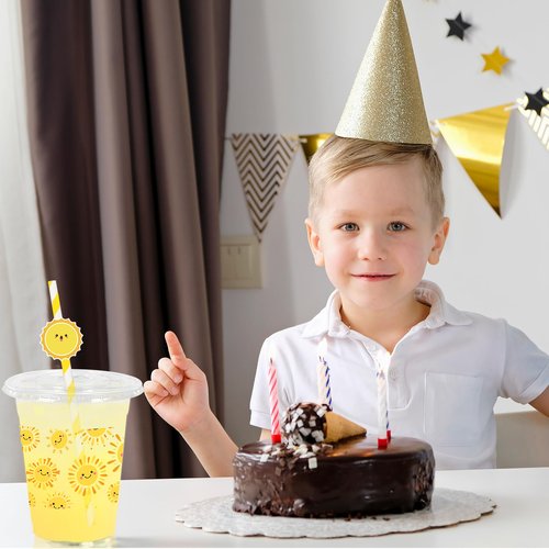 FYSUIMU 50Pcs 12Oz Smile Sunshine Plastic Cups with Lids & Straws First Trip Around The Sun Disposable Clear Drinking Cups for Summer Birthday Baby Shower Party Supplies