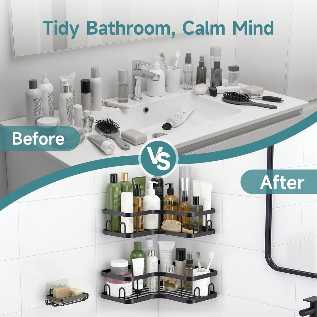 Veken Corner Adhesive Shower Caddy - Rustproof & Waterproof 4-Pack for Small Spaces | Black