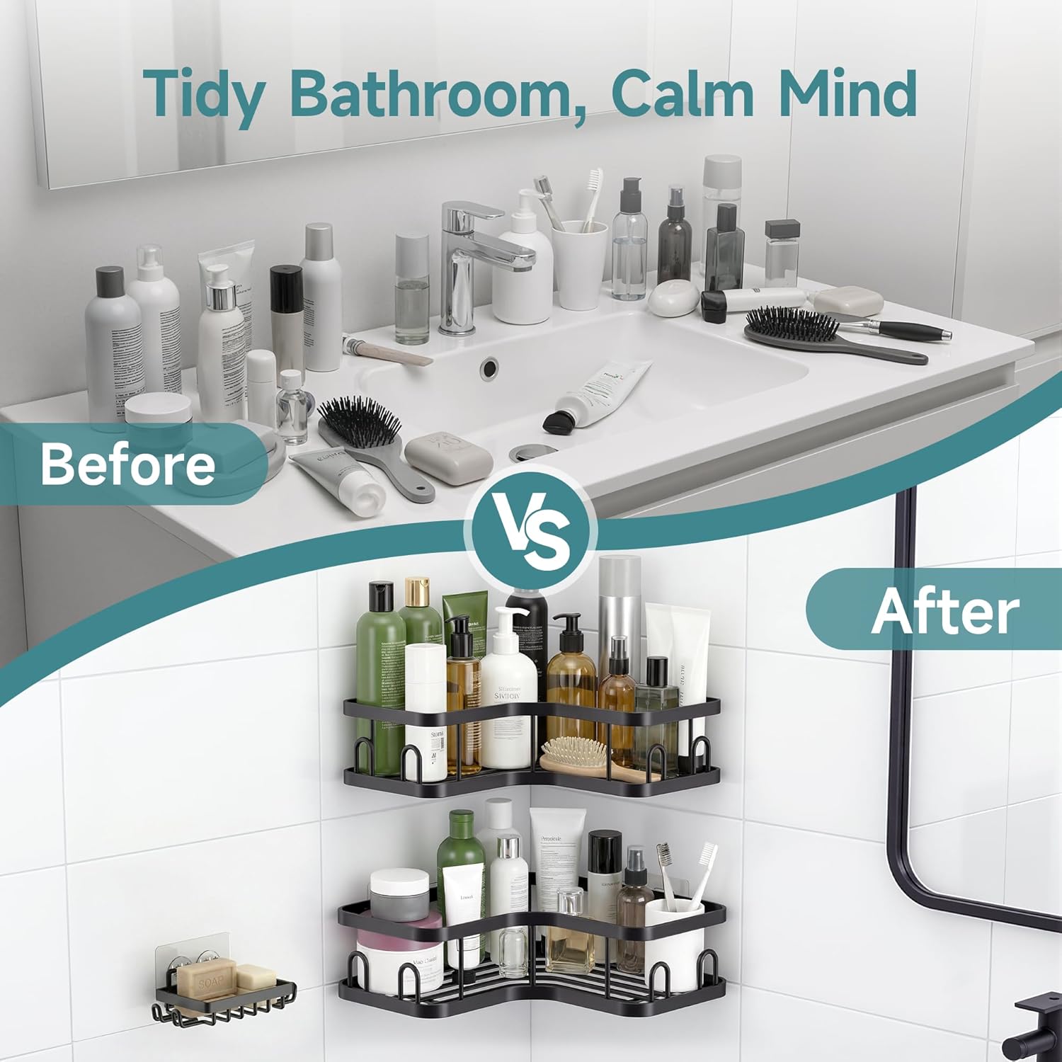 Veken Corner Adhesive Shower Caddy - Rustproof & Waterproof 4-Pack for Small Spaces | Black