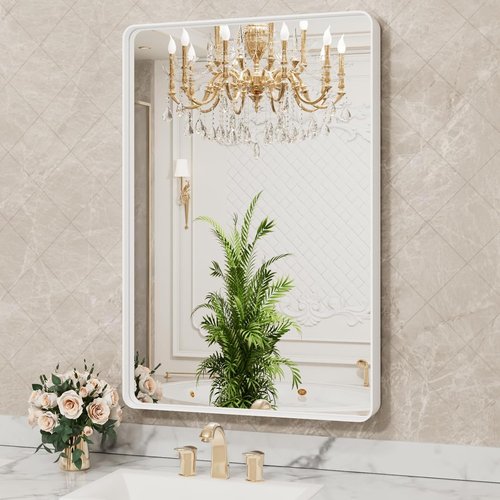 LOAAO White Metal Framed Bathroom Mirror - Large Rounded Rectangle | Anti-Rust Tempered Glass, 32x36 Inch