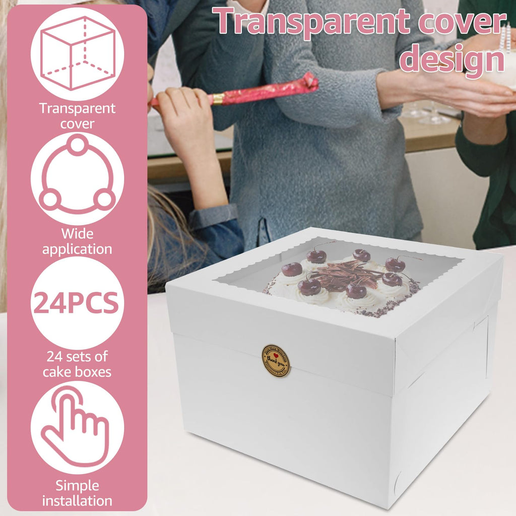 YMKWZ 24 PCS Cake Boxes 12 Inches Tall Bakery Boxes with Clear Window Easy to Fold Cake Containers Versatile Cardboard Bakery Take Out Carrier Large Dessert Cake Boxes for Party
