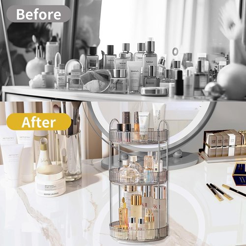 Asayuee 360° Rotating Makeup Organizer - Large Capacity 3-Tier Storage for Bathroom & Cosmetics | Grey