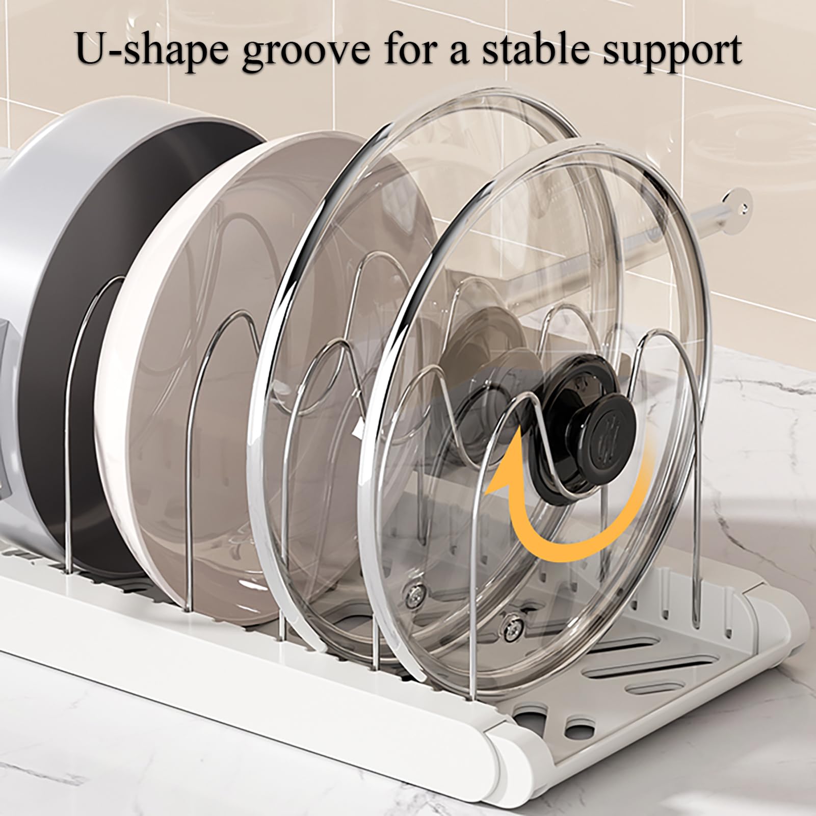 LICRUGU Pot Rack : Pots and Pans Organizer Under Cabinet 7 Adjustable Compartment Expandable Pot Lid Holder for Kitchen Cookware, Bakeware, Lid, Dishes, Cutting Boards,Apricot