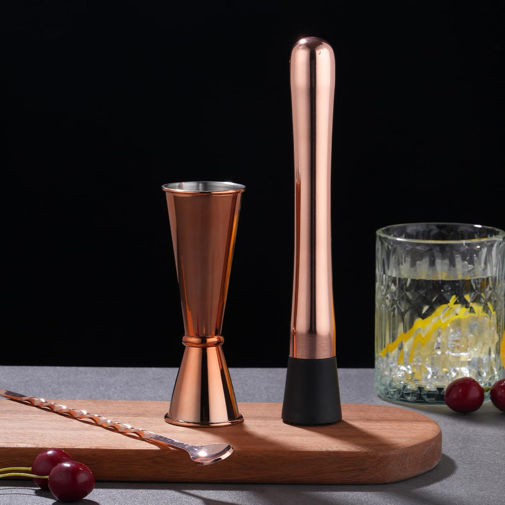 Gbuxska Rosegold Muddler for Cocktails, Matching Jigger and Bar Spoon with Bar Muddler - 3 Pcs Cocktail Muddler Set