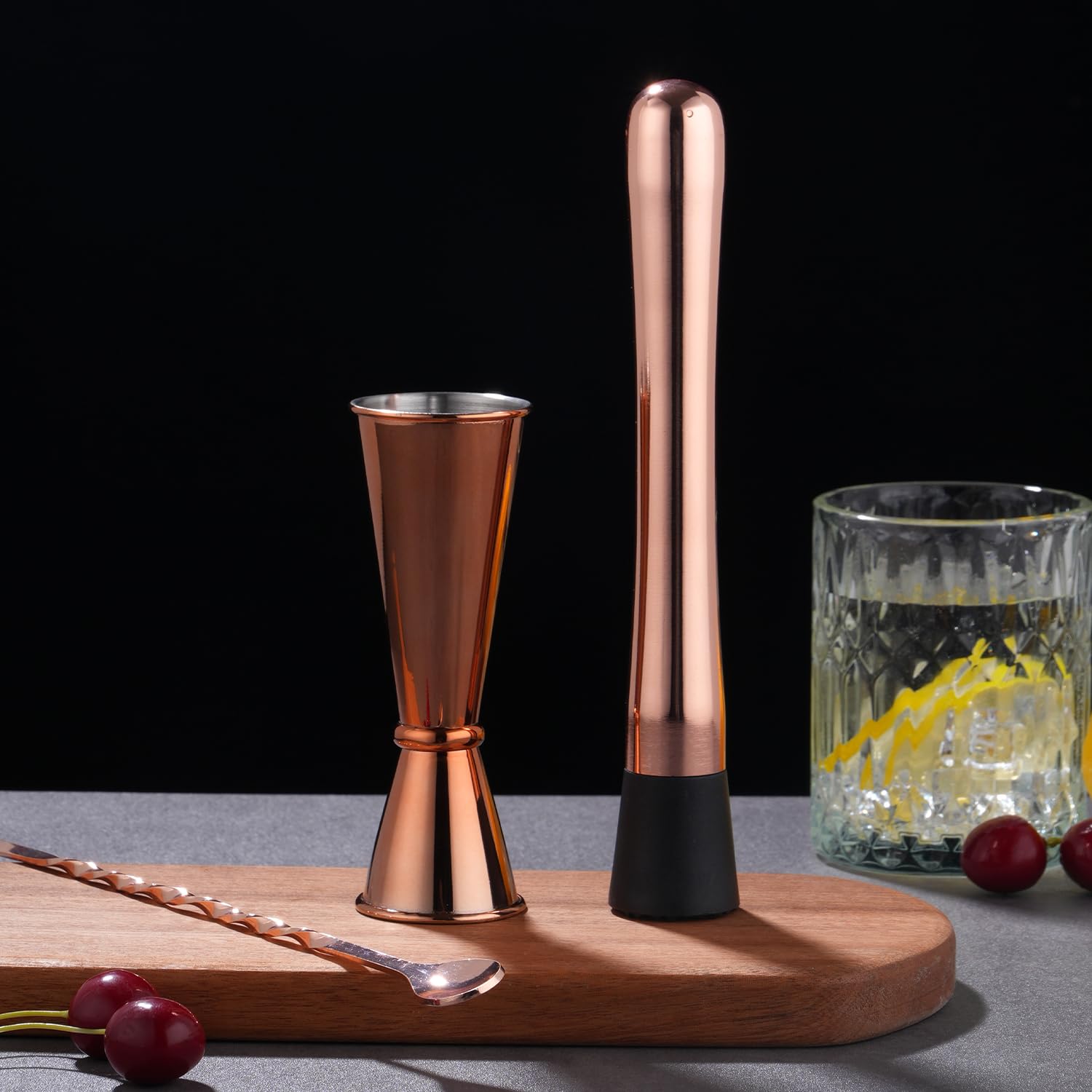 Gbuxska Rosegold Muddler for Cocktails, Matching Jigger and Bar Spoon with Bar Muddler - 3 Pcs Cocktail Muddler Set