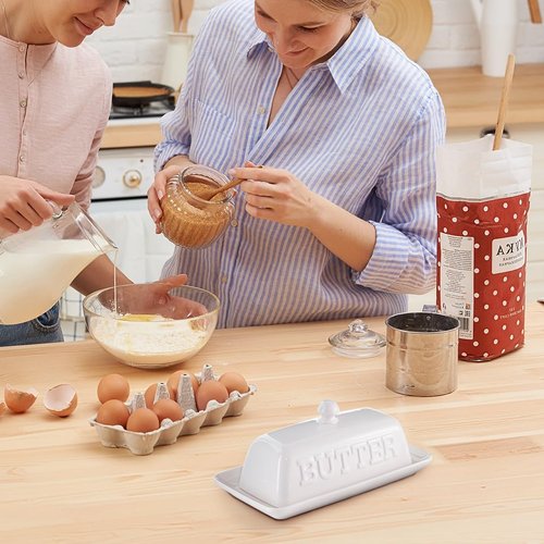 Maison Neuve White Ceramic Butter Dish with Lid for Countertop, White Kitchen Decor, Bold Embossed Font, Chip-Resistant, Microwaves & Dishwasher Safe, Butter Keeper, Country Kitchen Decor