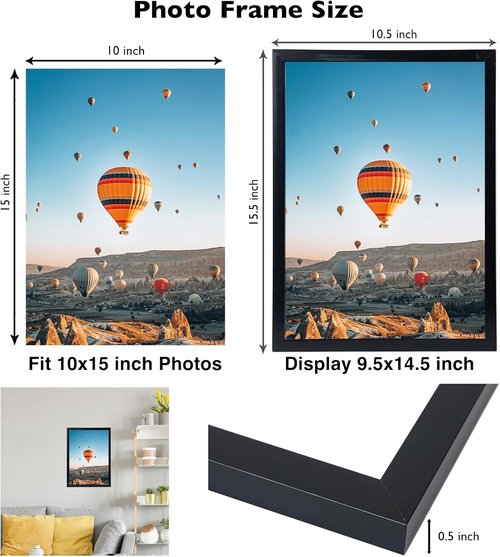 JCJMY 10x15 Black Picture Frame - Wall Mounting Horizontally or Vertically | Shatter-Resistant Plexiglass