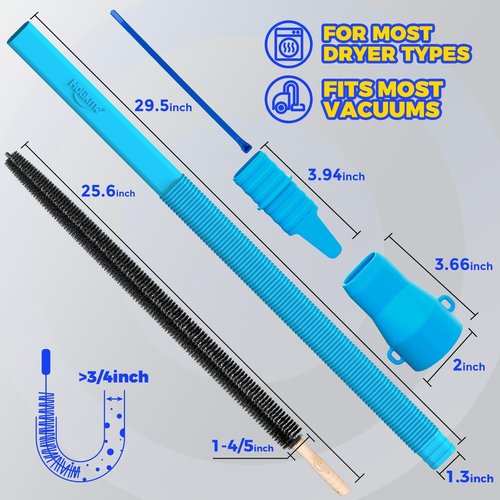 Holikme Dryer Vent Cleaner Kit - 2-Piece Lint Removal Brush Set for Vacuum Cleaners | Blue